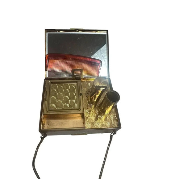 1950’s Double Sided Evan’s Metal Cosmetic Compact Gold tone Clutch With Handle - Picture 3 of 15